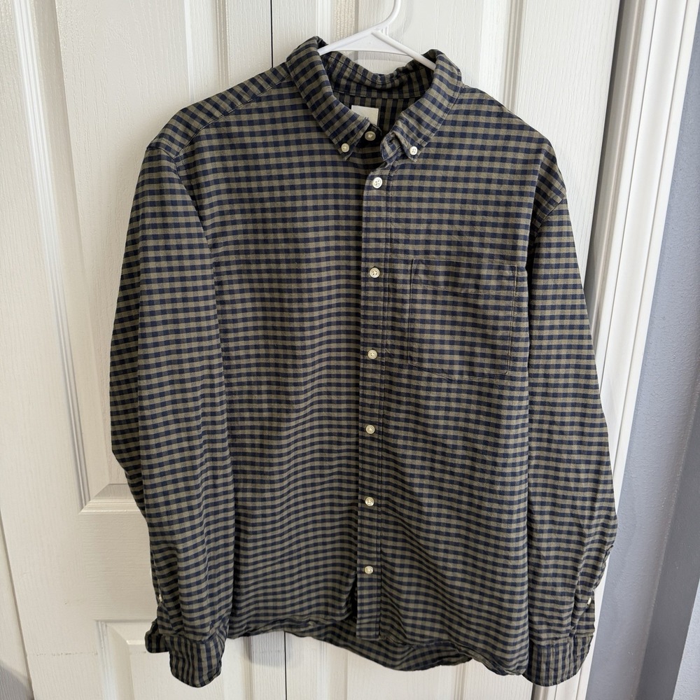 H&M LOGG Navy Green Plaid Long Sleeve Flannel Regular Fit Men's Size Large